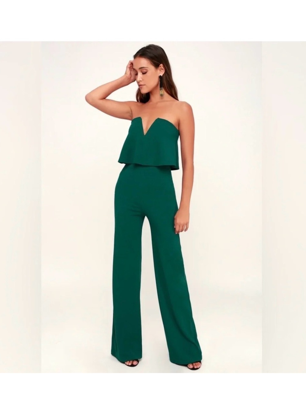Lulu's Strapless Deep Green Wide-Leg Jumpsuit